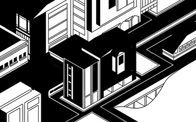 sketch of house, lodging apartment illustration. Black lines isometric purple 