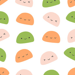 Seamless pattern of Traditional Japanese rice dessert Mochi characters isolated on white background.