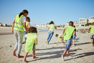 Woman and group of children cleaning beach for volunteering, community and charity with earth day, climate change and education. Friends, teacher volunteer and recycle plastic for pollution learning - obrazy, fototapety, plakaty