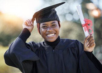Graduate, certificate and black woman with graduation cap in portrait, education with university...