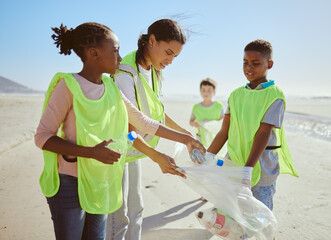 Children, beach and plastic recycling teamwork for pollution ecology and environmental change collaboration. Eco friendly team, diversity and ocean garbage recycle together for community cleaning - Powered by Adobe