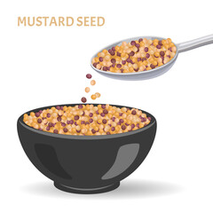 Mustard seeds in spoon and bowl isolated on white. Vector illustration of healthy food in flat, simple style. Cooking spice ingredient.