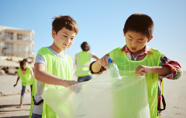 Recycling, plastic and asian children at beach cleaning for education, learning and community help...