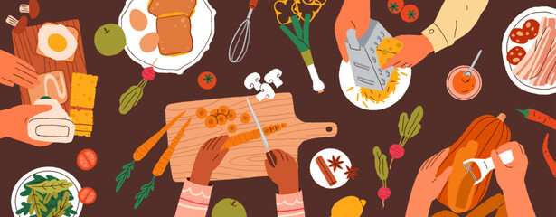 Hands cook food, top view. Cooking process overhead. Team during meal, dish preparation from healthy ingredients, cutting vegetable on board on worktop at culinary class. Flat vector illustration