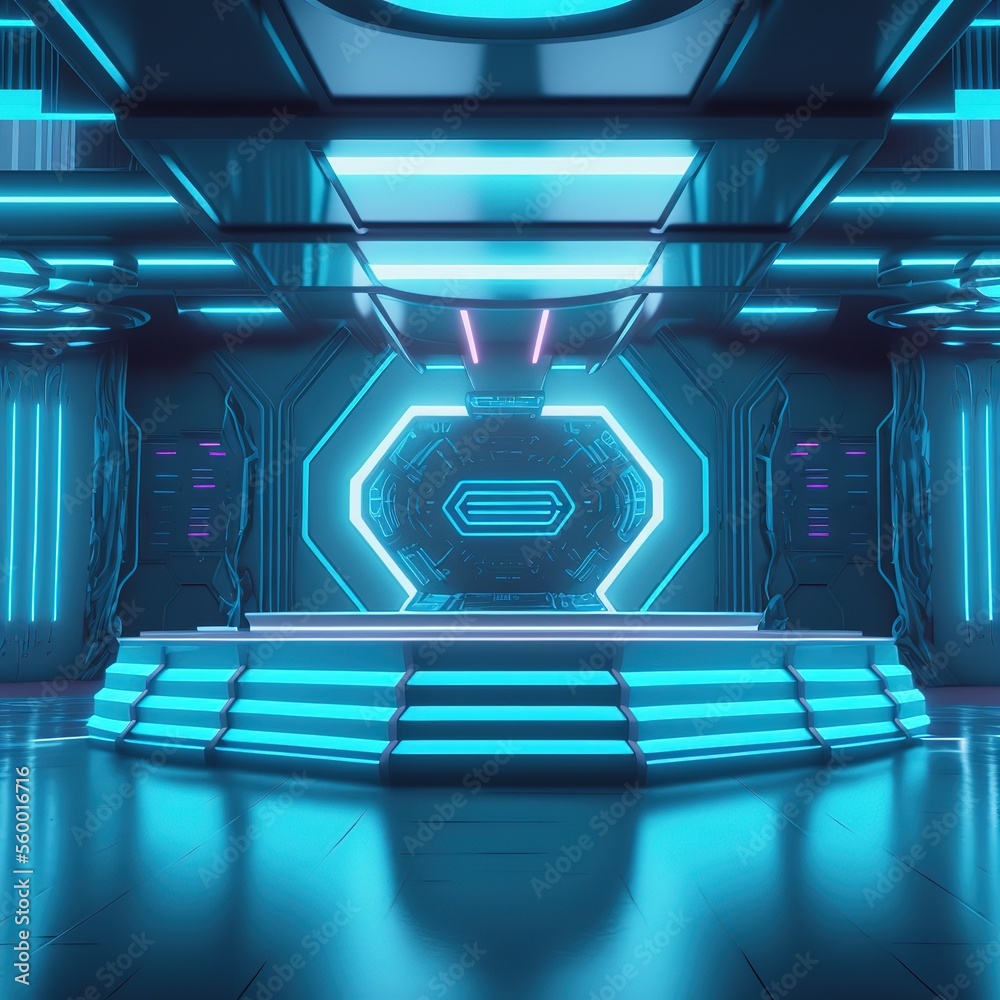 Poster podium and neon illuminated screen in shuttle hall ai