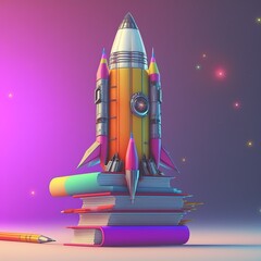 Fototapeta Toy rocket on books stack and lights on color background AI obraz