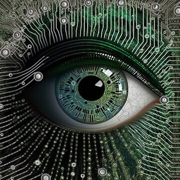 Green eye on circuit board with microchips closeup AI