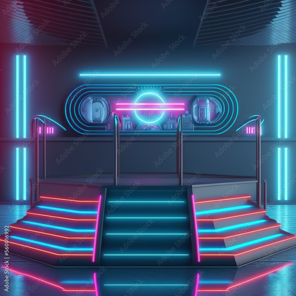 Poster podium with steps and glowing window in futuristic hall ai