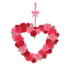 Heart shaped wreath of pink and red roses isolated on white background. Vector graphics.
