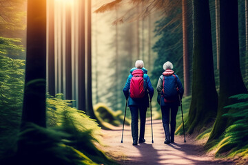 old people with a backpack and trekking poles walk through the forest