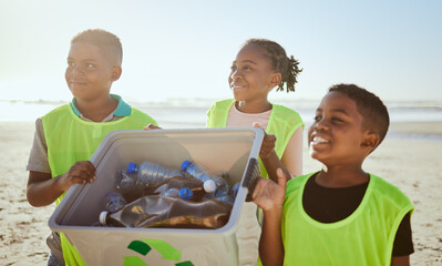 Environment, kids and cleaning beach, eco friendly and waste management for sustainability,...