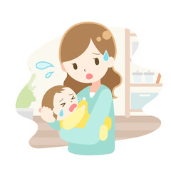 泣いている赤ちゃんを抱っこしている母親のイラスト