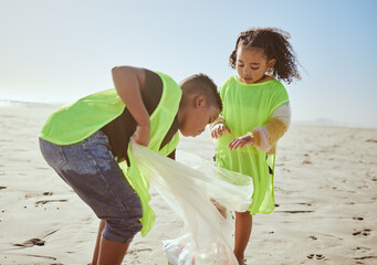Plastic bag, beach and children recycling for earth day, planet or community education, learning or volunteering support in nonprofit. Recycle, environment and family kids with teamwork for pollution