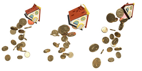 3D template isolated on white on the theme of rising real estate prices. The building takes off on a stream of crumbling Czech crown coins. House prices grew.