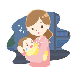泣いている赤ちゃんを寝かしつけている母親のイラスト