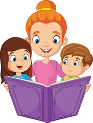 Cartoon mother reading a story book with her children
