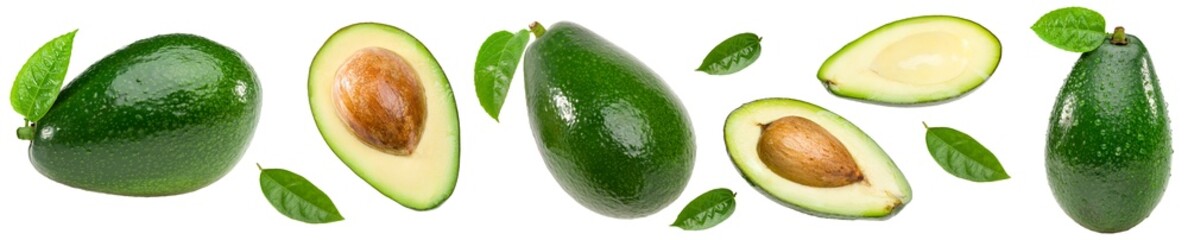 fresh avocado with slices and green leaves isolated on white background. clipping path
