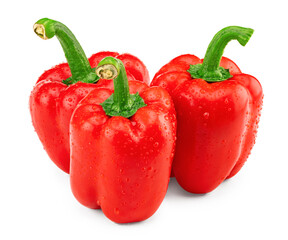three red sweet bell peppers with drops isolated on white background. clipping path
