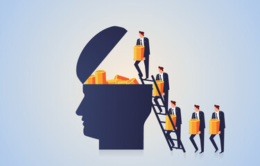 The right financial thinking patterns and forecasts for investors to earn more profits and money, learn and develop financial thinking and investment ideas, businessmen take the gold coins and climb t