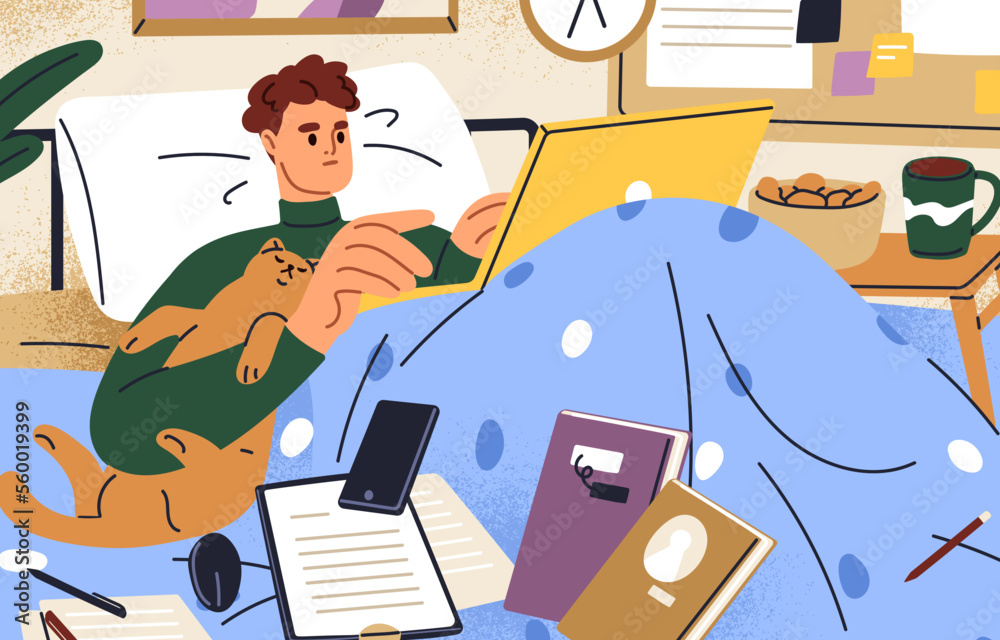 Poster Busy remote worker lying in bed with laptop. Work overload concept. Man workaholic working 27/7 at home bedroom. Overworked business character, freelancer at computer. Flat vector illustration