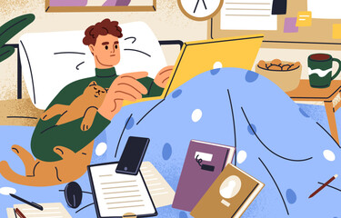 Busy remote worker lying in bed with laptop. Work overload concept. Man workaholic working 27/7 at home bedroom. Overworked business character, freelancer at computer. Flat vector illustration - obrazy, fototapety, plakaty