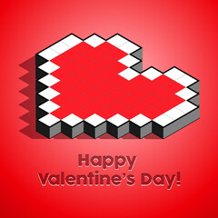 Happy Valentine's Day Banner Pixel Art 3D Heart On Red Background. Postcard, Love Message or Greeting Card. Template, Illustration Ready For Your Design, Advertising. Vector. - 560019505