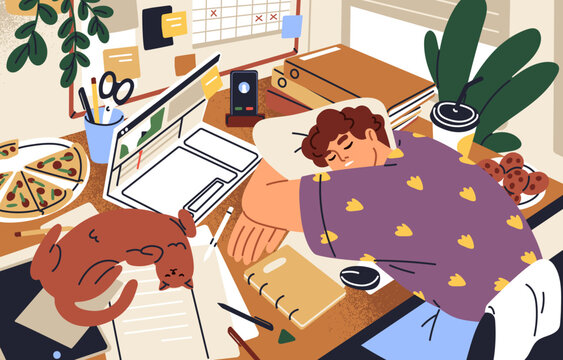 Tired overworked workaholic sleeping at desk in mess. Exhausted freelance worker overloaded with work, napping at workplace with laptop and food at home. Exhaustion concept. Flat vector illustration