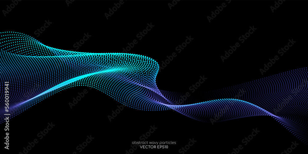 Poster Flowing dot particles wave pattern blue and green gradient light isolated on black background. Vector in concept of AI technology, science, music.