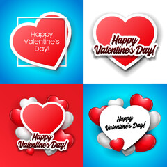 Banner Valentines Day Double Red Heart Paper Sticker, Postcard, Greeting Card, Banner, With Shadow On Blue And Red Background Valentine's Day. Vector Illustration Postcard EPS10 - 560020109