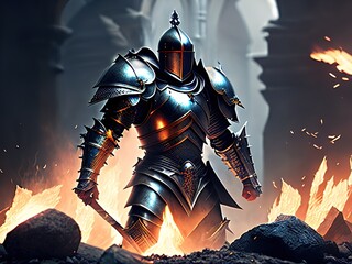 Fototapeta premium Medieval dark knight in iron armor, strong soldier