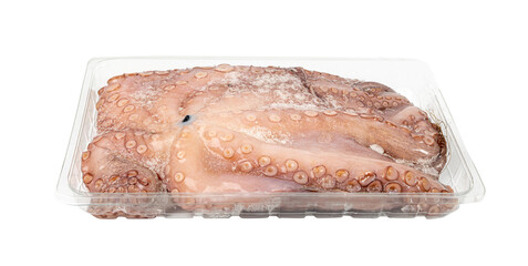 Whole frozen octopus in plastic package isolated
