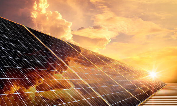 olar panels reflect a golden sky, Clean energy, and a good environment.