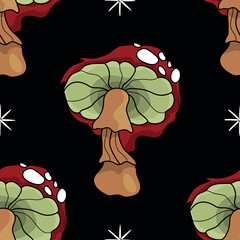 Seamless pattern in the shape of a mushroom. Different fly agarics. A pattern of fly agarics. A set of ingredients for a witch's potion. Cartoon style. Design for textiles.