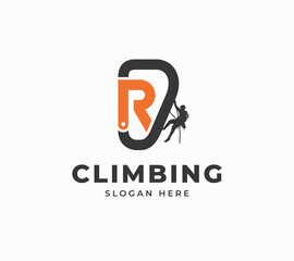 Letter R carabiner equipment rock climbing people sport adventure creative vector logo design