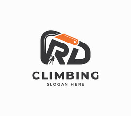 RD carabiner climbing people cliff rock peak clip protection sport adventure vector logo design