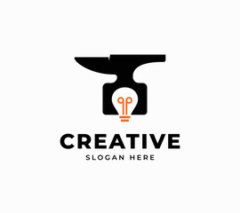 Creative anvil think light bulb blacksmith iron forge equipment innovation idea symbol vector logo design
