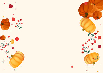 Colorful Rowan Background Beige Vector. Gourd Farm. Green Invitation Template. Thanksgiving Border. Red Vegetable Pumpkins Banner.