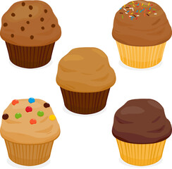 Collection of baked muffins with chocolate and sugar sprinkles. Vector illustration set