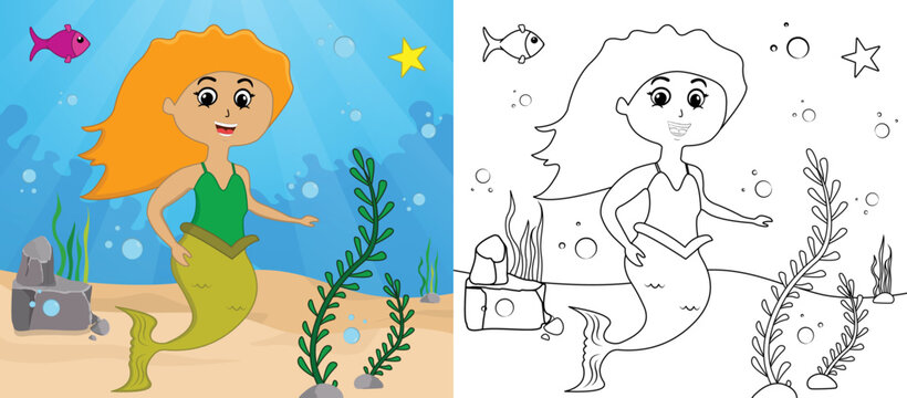 Cartoon mermaid coloring page no: 03 kids activity page with line art vector illustration