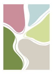 Printable wall art poster with abstract shapes figures. Vector illustrations with pastel spring palette blue, pink, green, yellow with lines. Modern trendy interior design, bedroom, energy, blooming.
