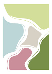 Printable wall art poster with abstract shapes figures. Vector illustrations with pastel spring palette blue, pink, green, yellow with lines. Modern trendy interior design, bedroom, energy, blooming.