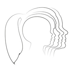 The stages of a woman's growing up - infant, child, teen, adult, elderly. Silhouettes of women of different ages. Illustration on transparent background