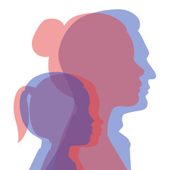 Family silhouettes - father, mother, son and daughter. Transparent silhouettes of profiles of people of different sex. Illustration on transparent background