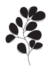 Silhouette branch with eucalyptus leaves, stem in black isolated on white background. Hand drawn vector illustration in doodle line modern trendy style. Floral design, botanical, print, decorative.