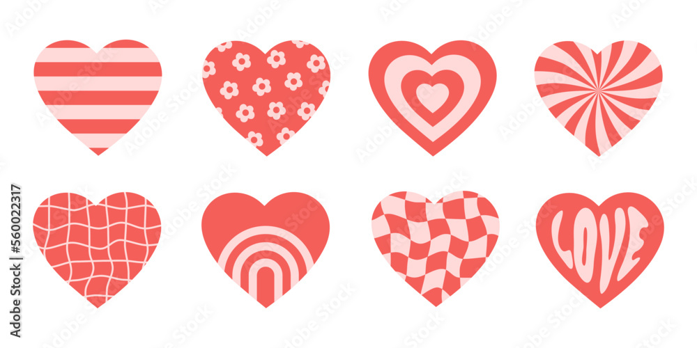 Poster vector set romantic icons hearts in pink and red colors. retro background in groovy style 70s, 80s. 