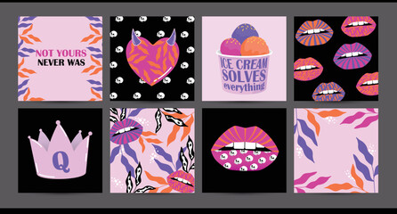 Glamour feminist love stickers, square Instagram social media posts with evil sarcastic quotes. Creepy black pink concepts with psychedelic hearts, woman lips, kisses vintage fun skulls, crowns.