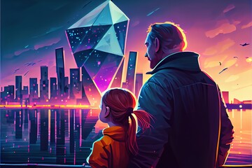 Father and daughter look at the lights of the city
