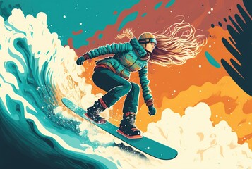 Fototapeta na wymiar illustration, girl practicing snowboard, image generated by AI