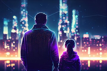 Father and daughter look at the lights of the city