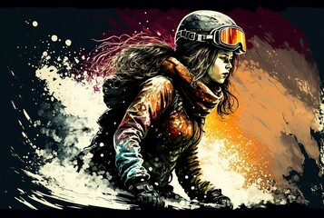 Fototapeta premium illustration, girl practicing snowboard, image generated by AI